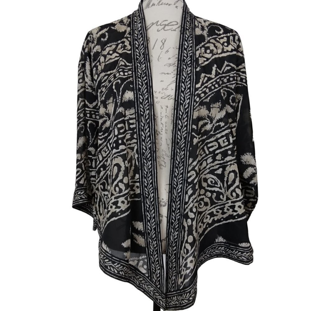 Coldwater Creek | Black Print Semi-Sheer Open Front Kimono Boho | Size S